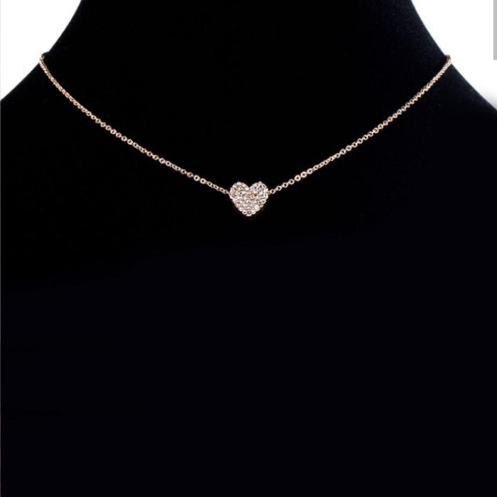 Dainty pave rhinestone heart charm necklace with bonus earrings in rose … - Picture 2 of 6